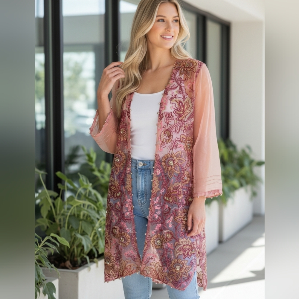 Beechtree Embroidered Sheer Pink Kimono